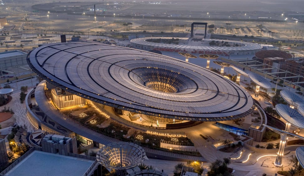 Sustainability Pavilion at Expo 2020 Dubai aerial view highlighting innovative design