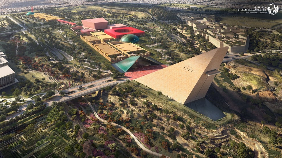 King Salman Park Riyadh cultural district featuring iconic pyramid structure and green landscapes