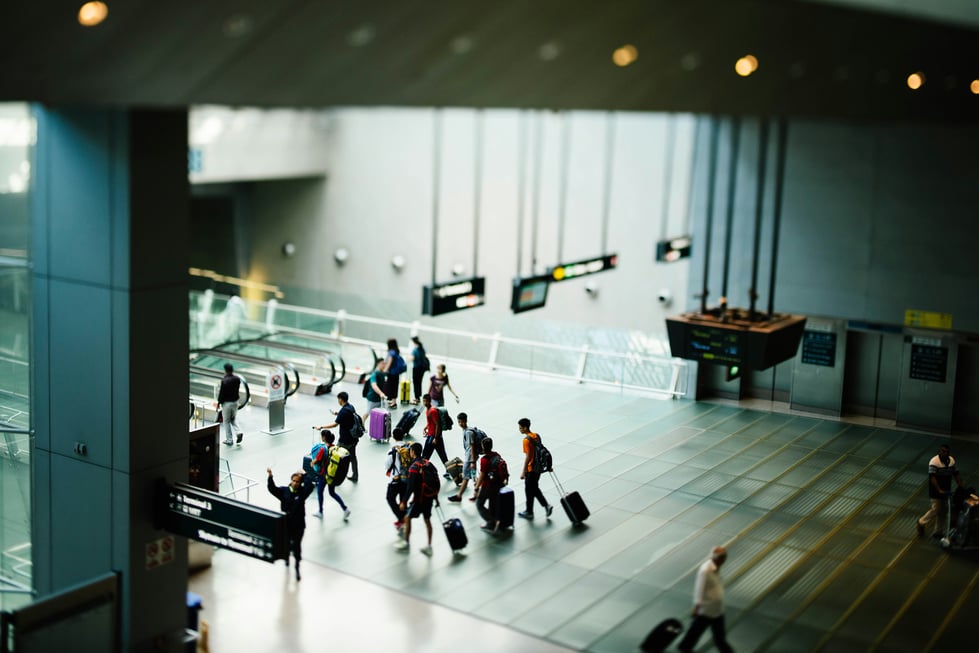 Airport lobby with travellers