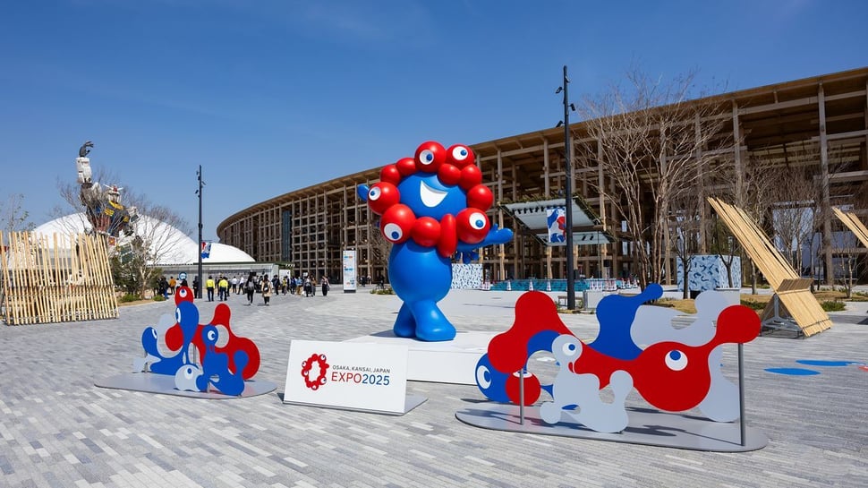 Expo 2025 Osaka venue entrance with official mascot and event branding