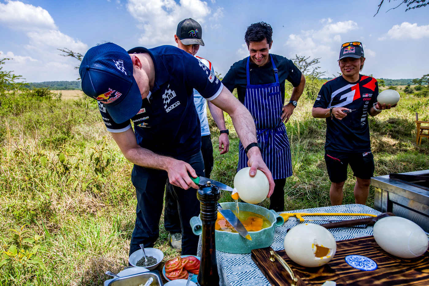 josh-mcerlean-cracks-an-ostrich-egg-celebrity-chef-kiran-jethwa-looks-on
