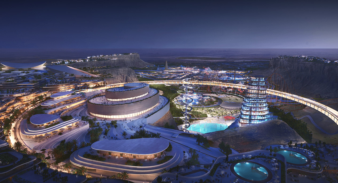 Qiddiya giga project Saudi Arabia night view showcasing futuristic design and entertainment hubs